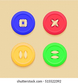 Cartoon cute buttons (sewn in different ways) set on textured cross stitch beige cotton background, vector illustration