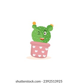 Cartoon cute cactus mascot, Potted cactus characters sett, funny cacti in flower pot with different emotions vector Illustrations on a white background