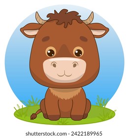 Cartoon cute calf sitting. Calf in kawaii steel. Kawaii style. Vector illustration of drawings, prints and patterns. Illustration for children