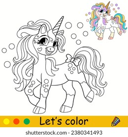 Cartoon cute candy bubble unicorn. Kids coloring book page. Unicorn character. Black outline on white background. Vector isolated illustration with colorful template. For coloring, print, game, design