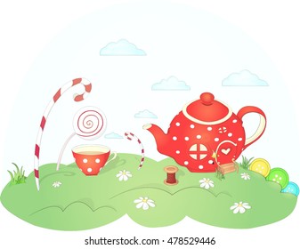 Cartoon cute candy land and teapot house, vector illustration