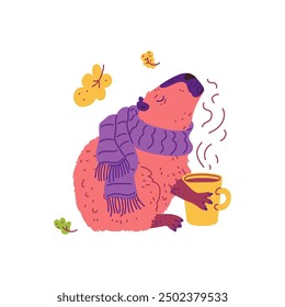 Cartoon cute capybara is holding a cup of hot coffee or tea icon. Funny capybara dressed in scarf and falling autumn leaves. Cheerful wild semi-aquatic rodent animal. Vector flat illustration isolated