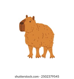 Cartoon cute capybara icon. Funny brown capybara semi-aquatic rodent animal, wild fur mammal. Cheerful capibara character vector flat illustration isolated on white background