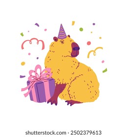 Cartoon cute capybara in party hat with gift box. Cheerful capibara character happy birthday or holiday celebration. Vector flat illustration with serpentine. Funny capybara semi-aquatic rodent animal