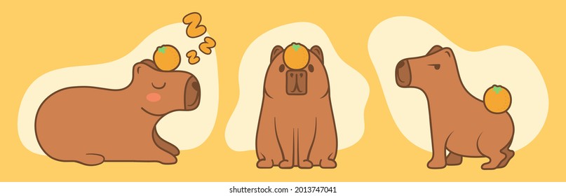 Cartoon cute capybara with tangerines. Set of guinea pigs isolated on yellow background