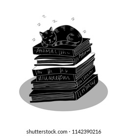 Cartoon cute cat animal sleeping on a stack of books
