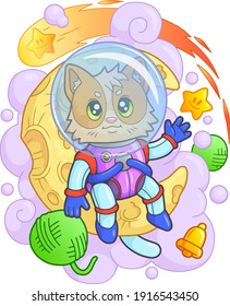 cartoon cute cat astronaut sitting on the moon, funny illustration
