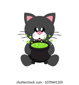 cartoon cute cat black sitting with tie and cauldron