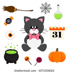 cartoon cute cat black sitting with tie and halloween element