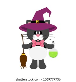 cartoon cute cat black with tie in witch hat with magic potion and broom