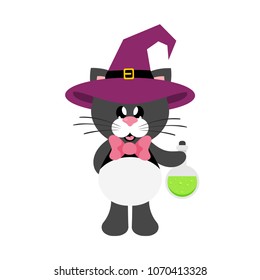 cartoon cute cat black with tie in witch hat with magic potion
