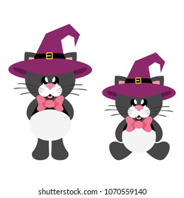 cartoon cute cat black with tie in witch hat set