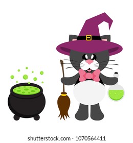 cartoon cute cat black with tie in witch hat with magic potion and broom and cauldron