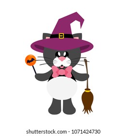 cartoon cute cat black with tie in witch hat with broom and candy