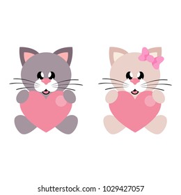 cartoon cute cat boy and girl sitting with heart set