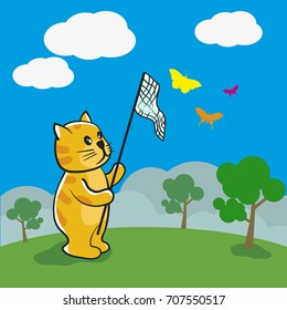 Cartoon cute Cat is catching butterflies vector illustration.