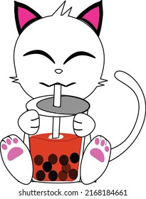 cartoon cute cat character drinking bubble tea suitable as your product mascot