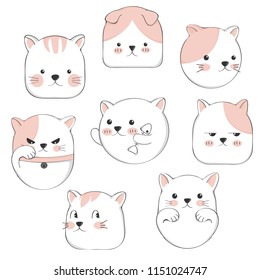 Cartoon cute cat character set. Vector illustration design.