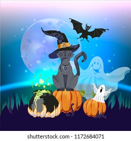 Cartoon cute cat character in a witch s hat with a skull capkake and a Halloween witch s boiler.Ghosts, bat and moon. Vector illustration.