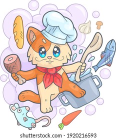 cartoon cute cat chef, funny illustration