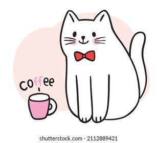 Cartoon cute cat and coffee cup vector.