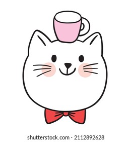 Cartoon cute cat and coffee cup vector.