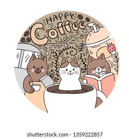 Cartoon cute cat and coffee vector. Doodle circle frame.
