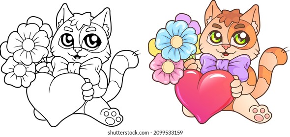 cartoon cute cat, coloring book, funny illustration