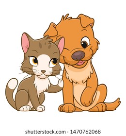 Cartoon cute cat and dog