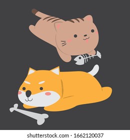 Cartoon cute cat and dog animals for baby card and invitation. Vector illustration. 