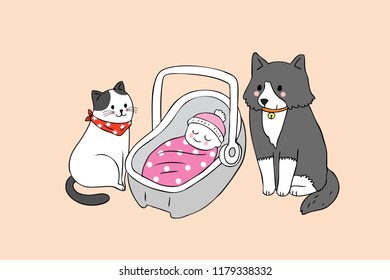 Cartoon cute cat and dog and baby vector.