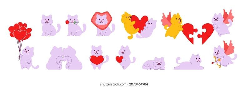 Cartoon cute cat and dog in different poses for valentine's day greeting card or sticker