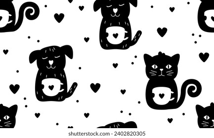 Cartoon cute cat and dog drinking coffee or tea seamless pattern vector illustration