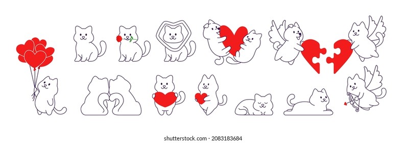 Caricatura lindo estilo gato y línea de perro en diferentes poses para la tarjeta de saludo o pegatina del día de San Valentín