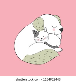 Cartoon cute cat and dog sleeping vector.