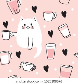 Cartoon Cute  Cat Drinking Coffee Seamless Pattern Vector.