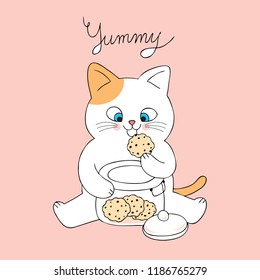 Cartoon cute cat eating cookies vector.