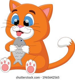 cartoon cute cat eating fish