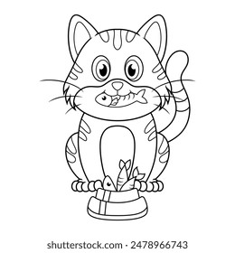 cartoon cute cat eating fish line art