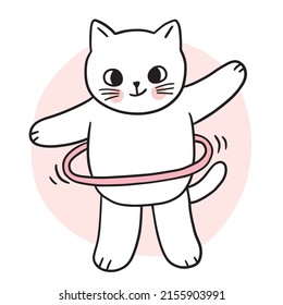 Cartoon Cute Cat Exercise Hula Hoop Vector.