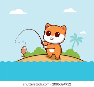 Cartoon cute cat fishing in the sea