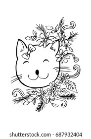 Cartoon cute cat with floral.