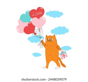 Cartoon cute cat with a gift box flies on heart-shaped balloons. Red kitten. Inscription, the word love. Card design for wedding, birthday, Valentine's Day. Vector illustration.
