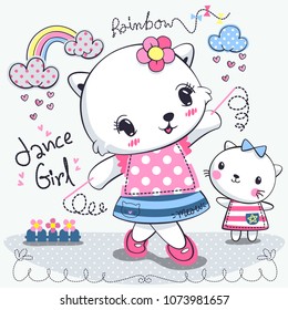 Cartoon cute cat girl and sister wearing dress play with dance isolated on white background illustration vector.