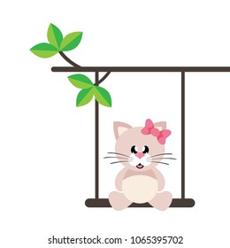 cartoon cute cat girl sitting on a swing and on a branch