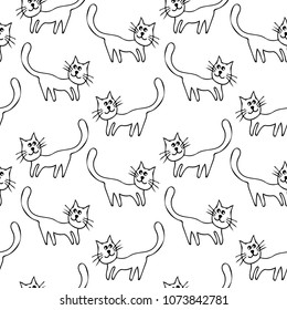 Cartoon cute cat hand drawn icon vector line art illustration. Simple black line cat isolated on the white background.