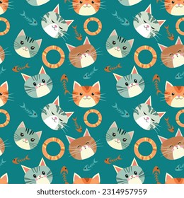 Cartoon cute cat head with fish bone seamless pattern. Can be used for fabric textile wallpaper gift wrap paper.