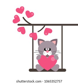 cartoon cute cat with heart on a swing and on a lovely branch