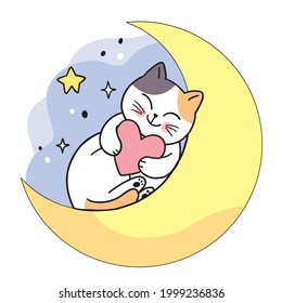 Cartoon cute cat and heart on moon at night vector.