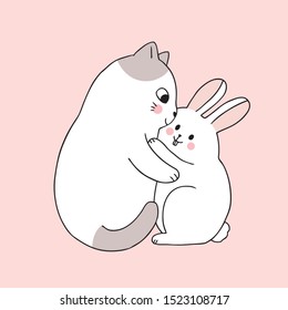 Cartoon cute cat hugging rabbit vector.